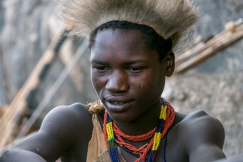 A Hadza man (Hadza). The East African hunter-gatherer ancestral component peaks in frequency among the Hadza foragers of eastern Africa.