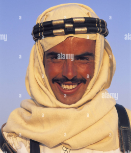 A Douz man (Semitic). Genome analysis indicates that the Douz bedouins of Tunisia predominantly bear the Levantine Natufian genome component. For many Douz individuals, much of this ancestry traces back to a Skhirat source. Other Douz persons (like Rbaya individuals) derive much of their Natufian ancestry from a Levant Tell Qarassa source, confirming their tradition of recent peninsular Arab origin.
