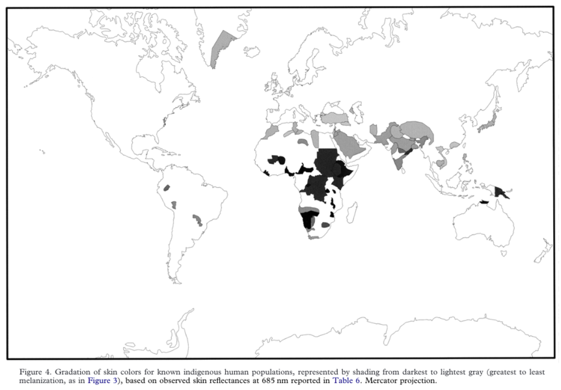Gradation of skin colors for human populations in Africa, the Middle East and South Asia, based on observed skin reflectance at the 685 nm reading. Shading from darkest to lighest gray represents greatest to least melanization. White areas are places where no skin reflectance data has as of yet been collected. On average, the examined Semitic populations in the Middle East have skin pigmentation intermediate to that of Anatolian Turks and most examined African populations. This is consistent with ancient DNA data, which indicates that outsiders from the Caucasus/Iranian plateau intermixed with the ancestors of the Semites in the Levant/Arabia/Mesopotamia, thereby introducing the Caucasus Hunter-Gatherer component and alleles conferring lighter skin color to these areas (Jablonski and Chaplin (2000)).